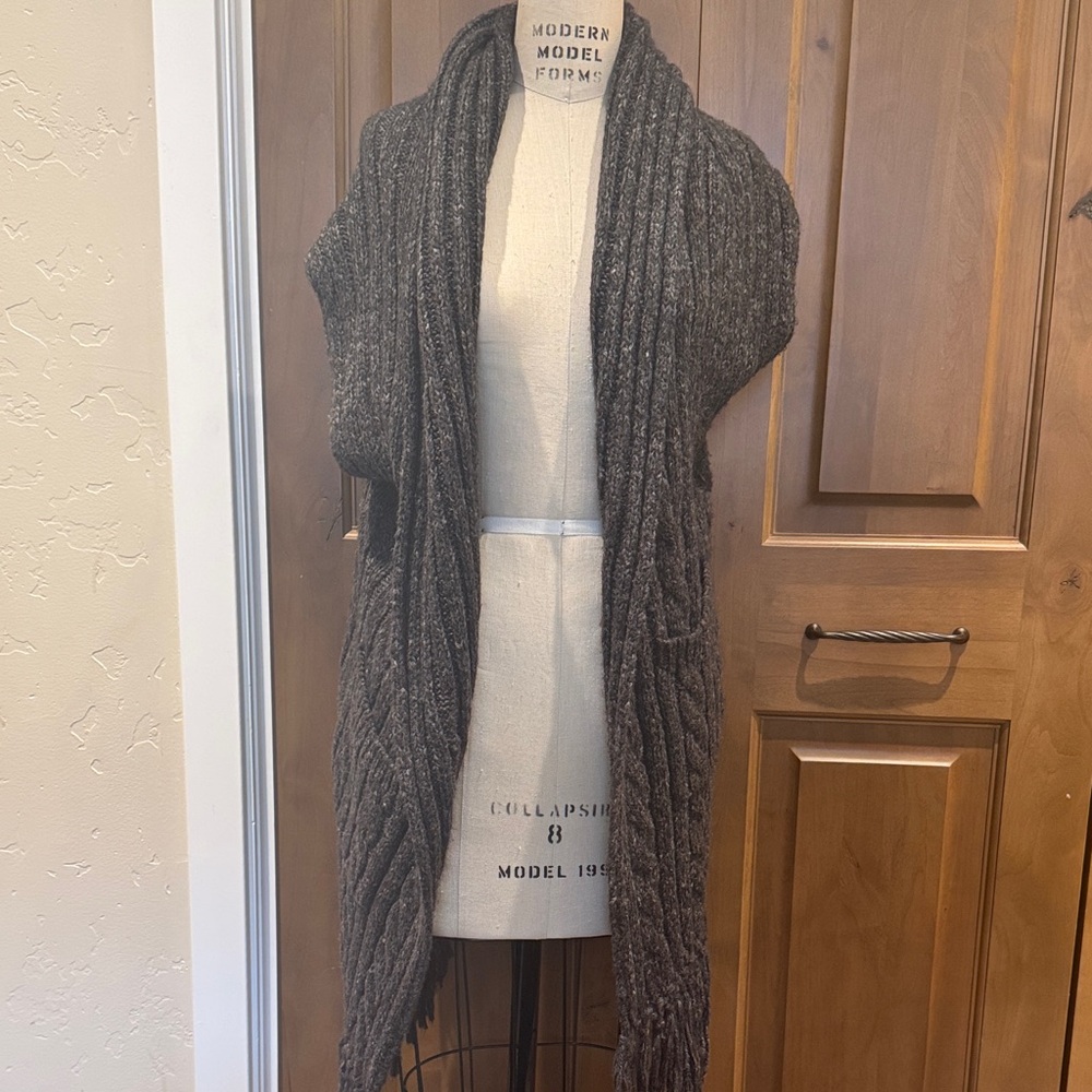 CAbi Gray Knit Long Vest with Fringe